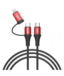 Кабель USB - 2в1, Type-C - Type-C (65W)/iP (PD, 18W), 1м, Быстрая зарядка, 3 цвета