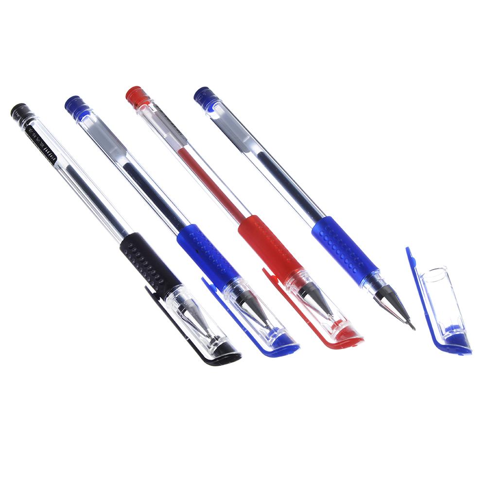 Ручка гелевая набор 4 штуки (2с,1ч,1к) прозр. корпус, резин. держатель, 0,5мм, в пакете 24шт/уп