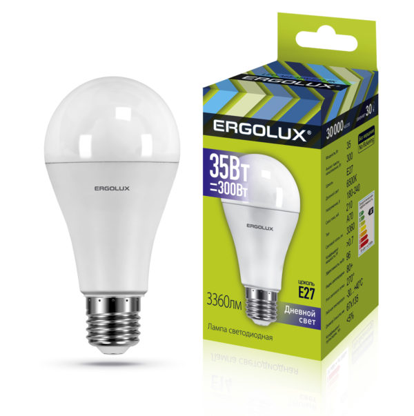 Эл. лампа светодиодная Ergolux LED-A70-35W-E27-6K (ЛОН 35Вт E27 6500K 180-240В.аналог  Вт) 10/уп