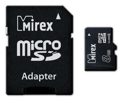 Пам.MicroSDHC, 8Gb Mirex (Class 4) + переходник SD