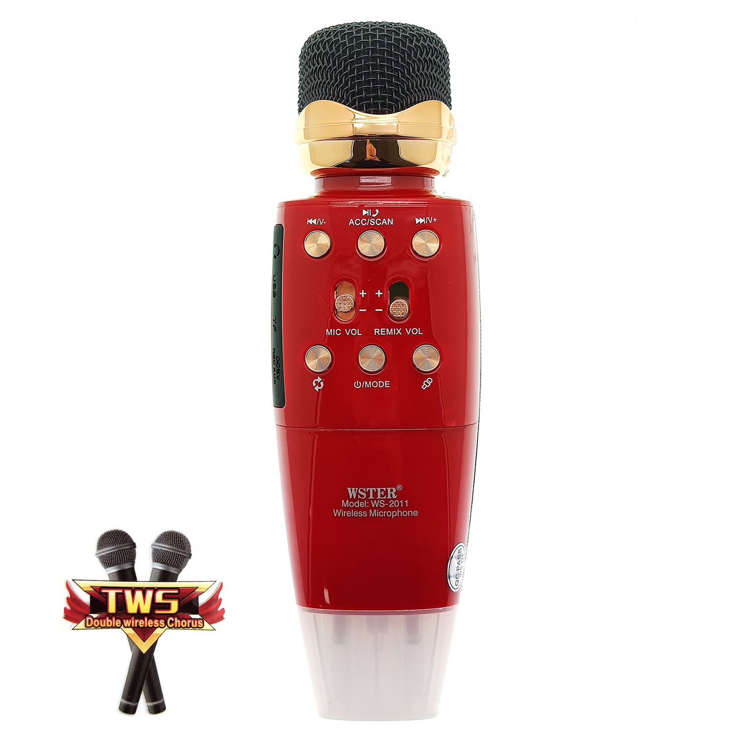 Микрофон WSTER WS-2011 Красный, для караоке беспроводной (Bluetooth, динамики, USB/microSD)
