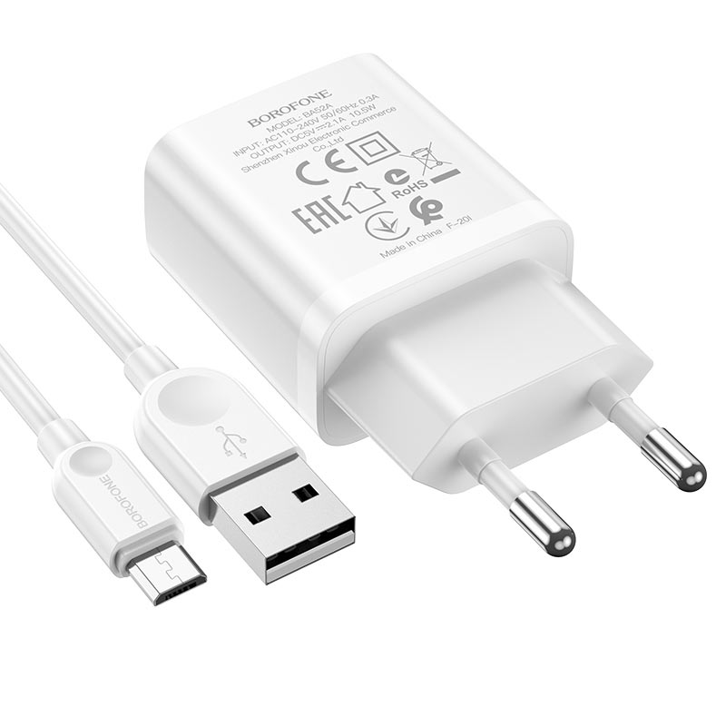 Блок пит USB сетевой  BOROFONE BA52A + кабель Micro USB Белый (1USB, 2100mA)