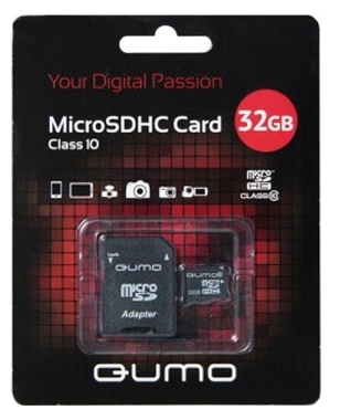 Пам.MicroSDHC,32Gb QUMO (Сlass 10 с адаптером SD), черно-красная картонная упаковка