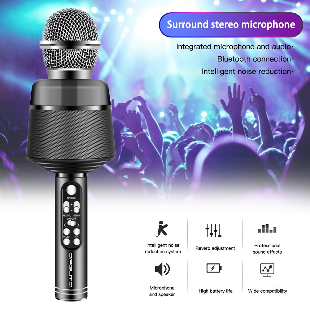 Микрофон OT-ERM10 Чёрный RGB для караоке беспроводной (Bluetooth, динамики, USB)