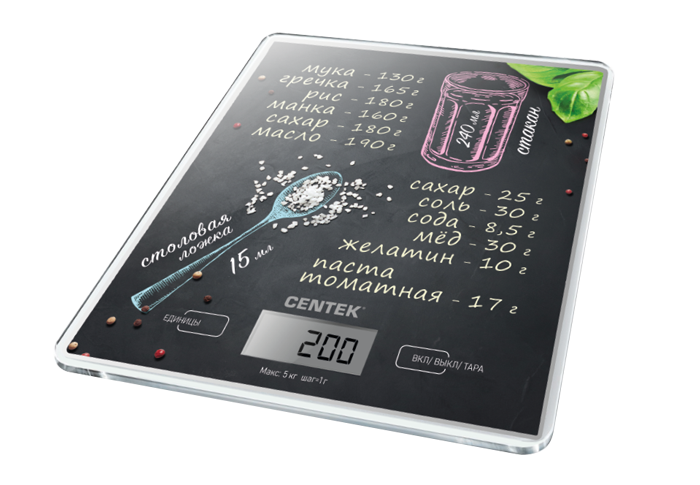 Весы кухонные Centek CT-2462 Чёрный (электронные, стеклян, LCD, 190х200мм, max 5кг, шаг 1г) 12/уп