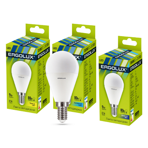 Эл. лампа светодиодная Ergolux LED-G45-9W-E14-3K (Шар 9Вт E14 3000K 172-265В, аналог Вт)