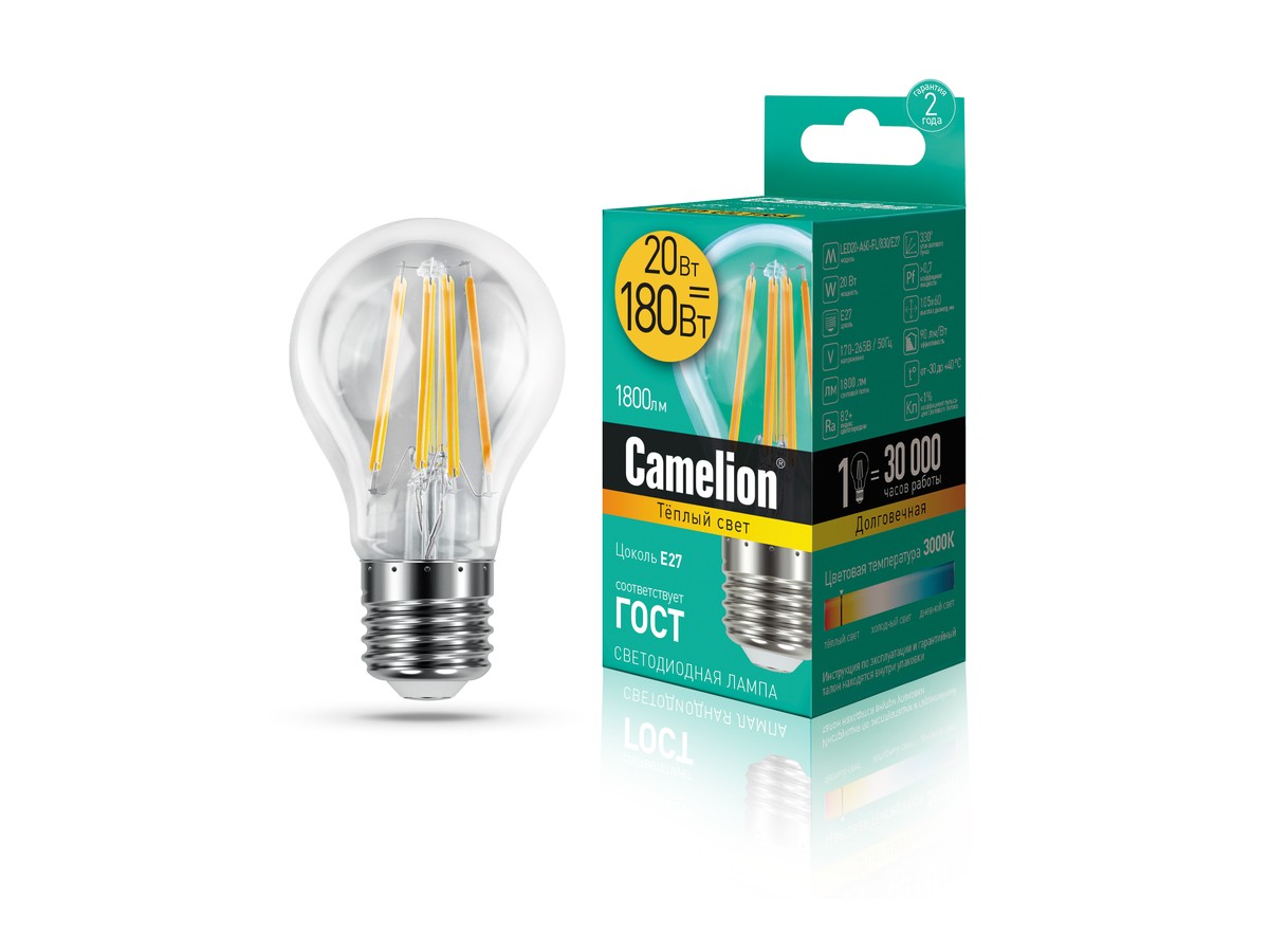 Эл. лампа светодиодная Camelion LED-A60- 20W-FL/830/E27(Лон 20Вт 220В, аналог 180Вт)уп.1/10/100