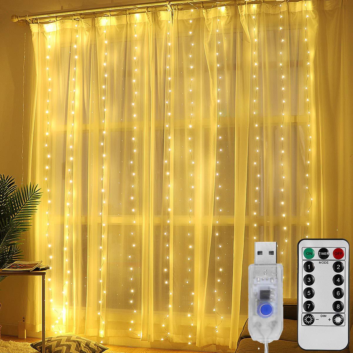 Гирлянда-штора Огонек OG-LDG08 LED Белая-теплая с крючками (3х3м,300 ламп, пит от USB)