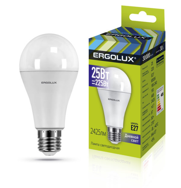 Эл. лампа светодиодная Ergolux LED-A65-25W-E27-6K (ЛОН 25Вт E27 6500K 180-240В.аналог 200 Вт) 10/уп