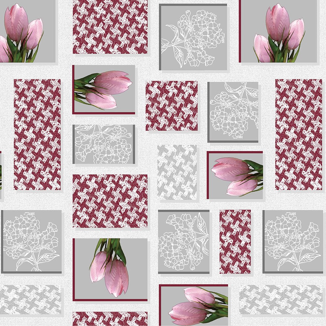 Клеенка GRACE F9014 ткань с пвх покрытием, розовые тюльпаны и геометрия в серо-розов, 1,37(+-3)х20м