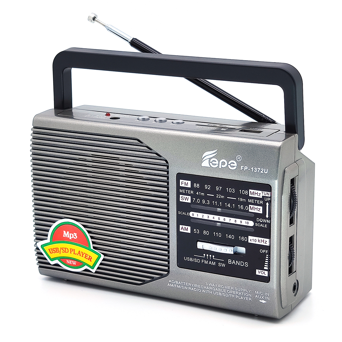 радиопр Fepe FP-1372U (USB),  сетевой, 220v/ бат. 2*R20