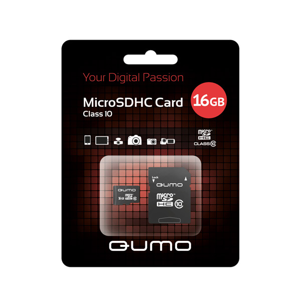 Пам.MicroSDHC,16Gb QUMO (Сlass 10 UHS-I ,3.0 сверхскоростная) с адапт SD, черно-красн картон упак