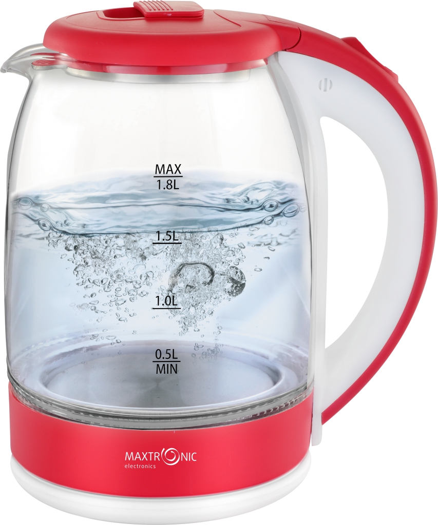 Чайник MAXTRONIC MAX-905 стекл, красный, белый (1,8 кВт, 1,8 л) (12/уп)