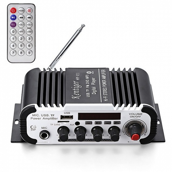 Усилитель звука Kentiger HY-V11 (2х15Вт, USB, TF, FM, bluetooth, пит 12В/5А -5.5мм)