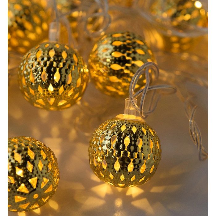 Эл.гирл.  Золотые металлические шары 20шт. 3 метра (светодиодная) сетка, ярко-золотая GOLD 1