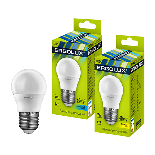 Эл. лампа светодиодная Ergolux LED-G45-7W-E27-4K (Шар 7Вт E27 4500K 172-265В, аналог 60 Вт)