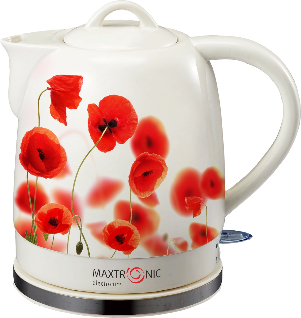 Чайник MAXTRONIC MAX-YD-182 керам Маки на белом(1,5 кВт, 1,6 л) (8/уп)