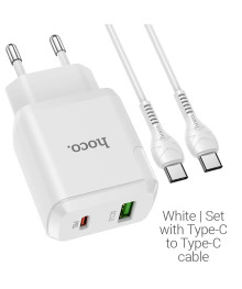 Блок пит USB сетевой  HOCO N5, PD20W+QC3.0, 1хUSB-А,1хType-C, 3А + каб (Type-C на Type-C), 1 м,бел