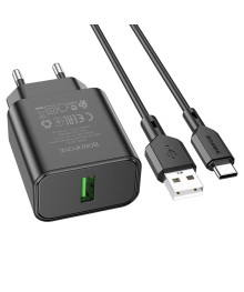 Блок пит USB сетевой  BOROFONE BA72A + кабель Type-C Чёрный (1хUSB, QC3.0, 18W, 3А)