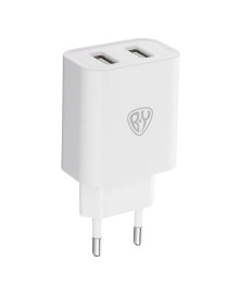 Блок пит USB сетевой  BY Double 10Вт, 2xUSB, 2А, 5В,110-240В, 50-60Гц, пластик белыйUSB Блоки питания, зарядки оптом с доставкой по России.