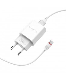 Блок пит USB сетевой  BOROFONE BA20A + кабель TypeC Бел (1USB, 2100mA)USB Блоки питания, зарядки оптом с доставкой по России.