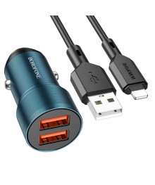 ЗУ в прикуриватель BOROFONE BZ19 синий + кабель Lightning (2*USB, 2400mA)