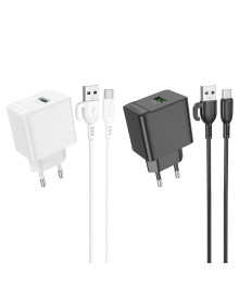 Блок пит USB сетевой  BOROFONE BAS12A + кабель Type-C Черный (1USB, QC3.0, 3000mA, 1м)