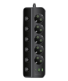 сет/фильтр QUMO Power Bar 5 выключаемых розеток, 3м, чёрный, 2500Вт, 10A, 3*1мм медь, 2USB, 1Type-C