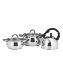 LARA LR02-103 Набор посуды  Bell, 3 пр., (кастр. 2.7л + 4,7л + чайник 2,5л ) стеклян. крышки доставкой - Новосибирск, Новокузнецк, Горно-Алтайск. Низкие цены, большой ассортимент посуды оптом