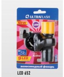 Фонарь  Ultra Flash  LED 652 (фонарь велосипедный,пластик,желтый,3ХR03,9LED)