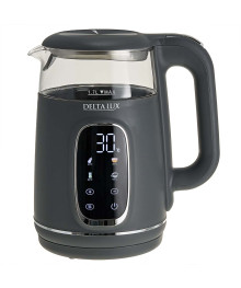 Чайник DELTA LUX DE-1027 корпус из термост. стекла и пластика, LCD дисплей,  серый: 2200Вт, 1,7л (6