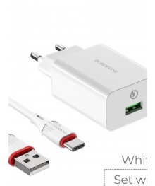 Блок пит USB сетевой  BOROFONE BA21A + кабель Type-C Белый (1USB, QC3.0, 18W)