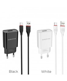 Блок пит USB сетевой  BOROFONE BA20A + кабель TypeC Чёрн (1USB, 2100mA)USB Блоки питания, зарядки оптом с доставкой по России.