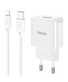 Блок пит USB сетевой  HOCO C106A + кабель Lightning Белый (1хUSB, 2.1А)