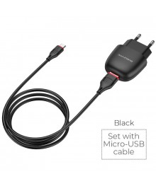 Блок пит USB сетевой  BOROFONE BA49A, 1хUSB-А, 2.1А + кабель (AM-microBM), 1 м, черный
