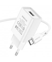 Блок пит USB сетевой  BOROFONE BA68A + кабельTYPE-C Белый (1USB, 2100mA)USB Блоки питания, зарядки оптом с доставкой по России.