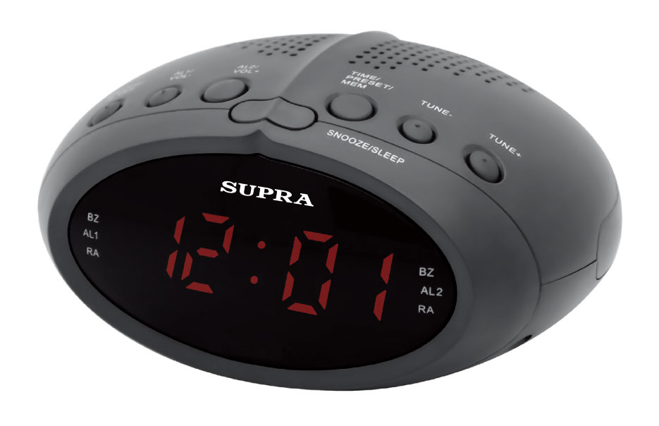 Радиочасы Supra SA-24FM черн (красн дисплей ,  АМ/УКВ+FM,  220В/крона 9V)