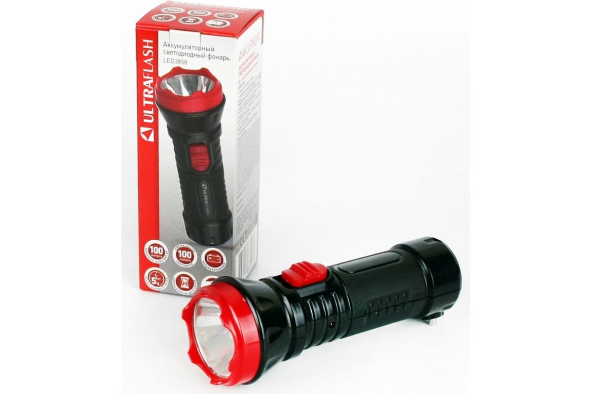 Фонарь  Ultra Flash  3858  (фонарь аккум.220В, черный, 1 LED, 2 реж.,SLA, пластик, коробка)