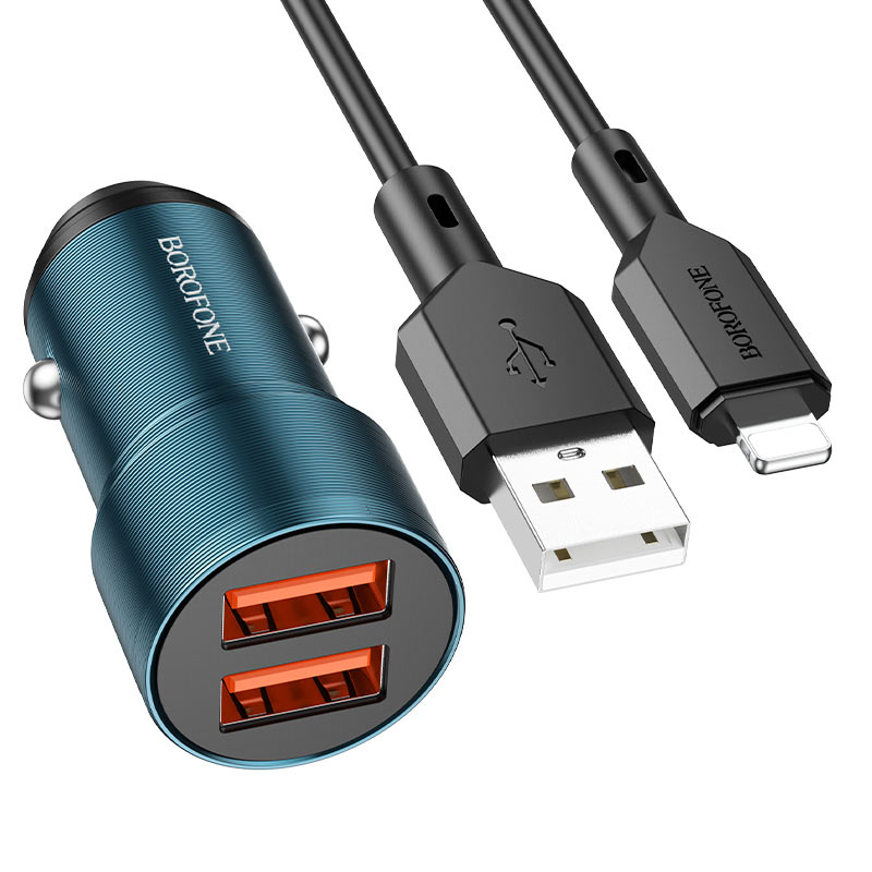 ЗУ в прикуриватель BOROFONE BZ19 синий + кабель Lightning (2*USB, 2400mA)