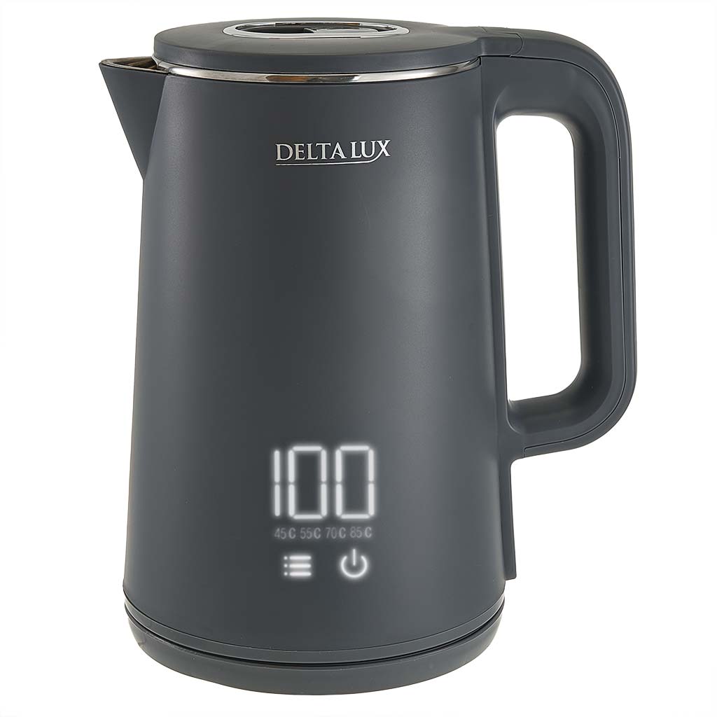 Чайник DELTA LUX DE-1023, ДВОЙНОЙ КОРПУС, LCD дисплей, 5 режимов, 1,8 л, 2000 Вт, серый (12)